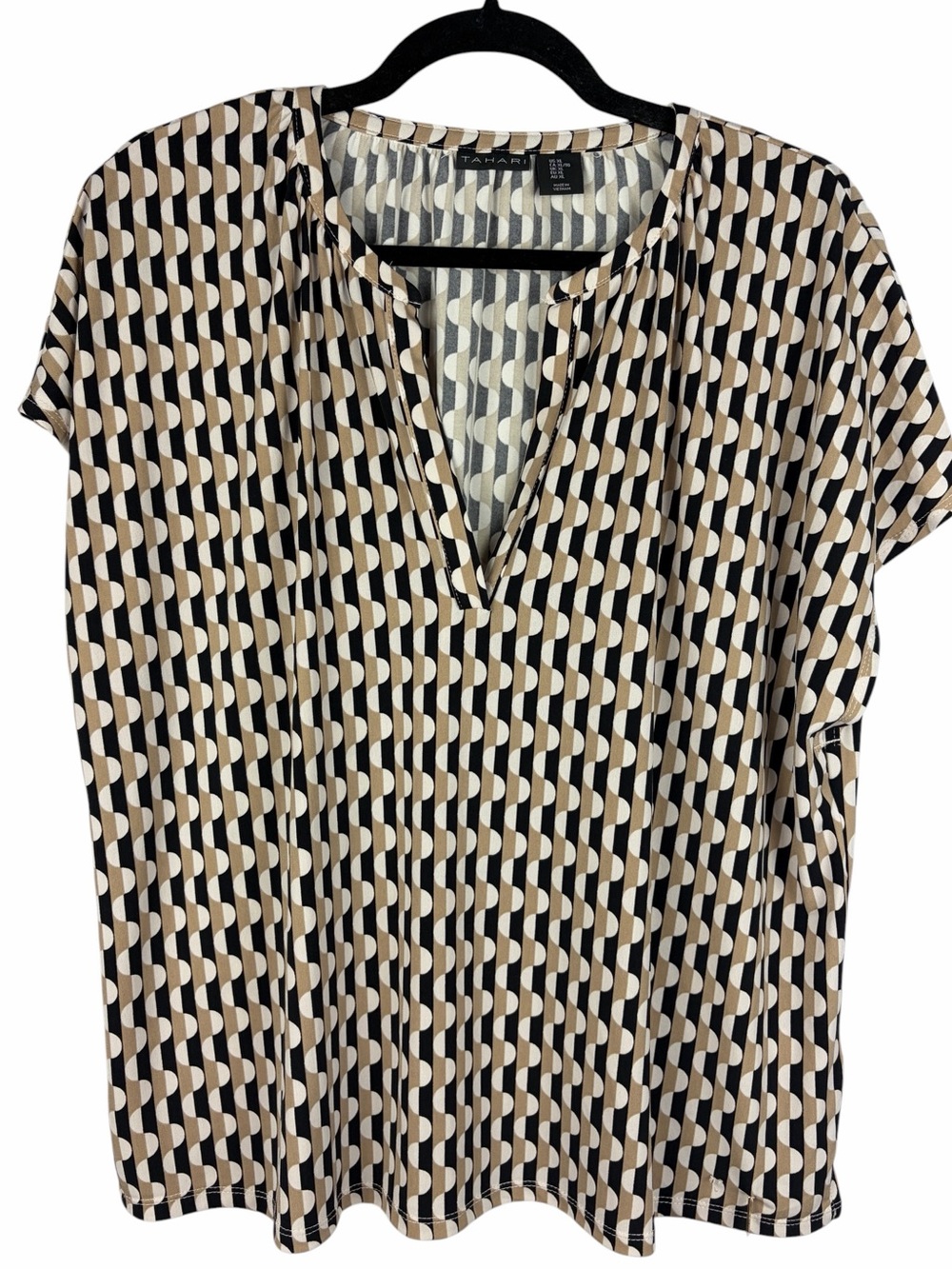 Tahari Geometric Print Split Neck Blouse XL Black Beige Ivory Stretch Top